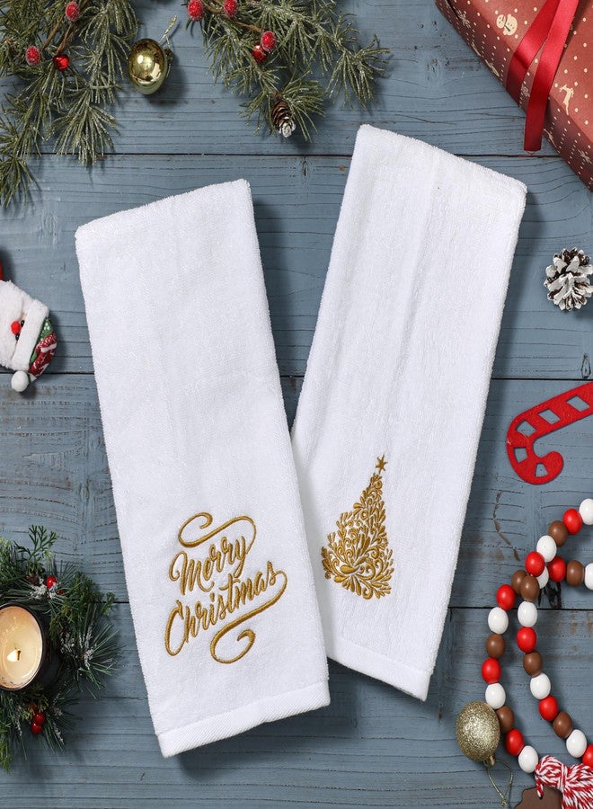 NEWLIGHTURE Christmas Hand Towels 2 Pack 100% Cotton Golden Christmas Tree Embroidery Towels for Bathroom & Kitchen Decor, Holiday Hand Towels with Detachable Red Bow for Christmas Decor - Image 4